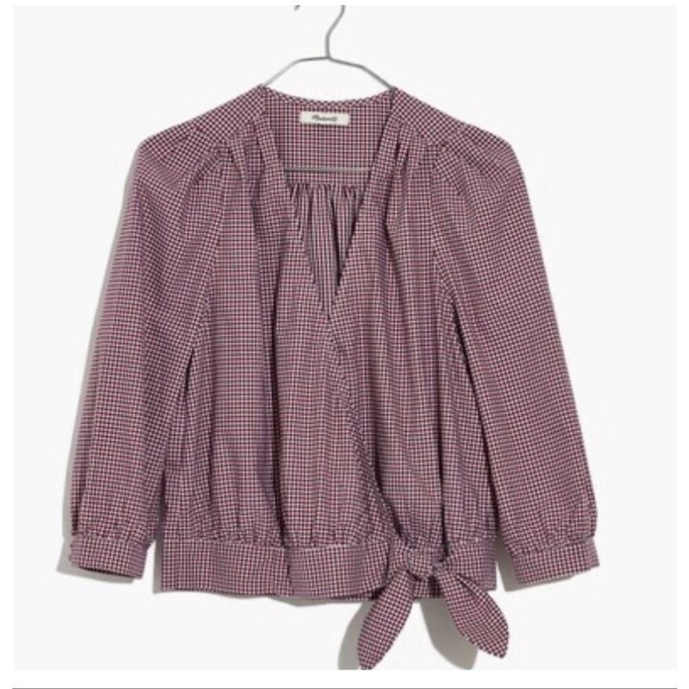 Madewell Wrap Top in Gingham Check | Burgundy and White in Small